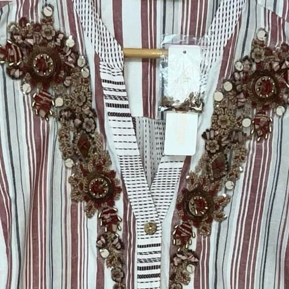 Soft Surroundings NWT Women's Linen Blend Striped Beaded Jeweled Tunic Top Large - Picture 8 of 8